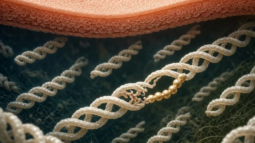 Stylized conceptual illustration of skin, pale molecular forms and a gold peptide motif