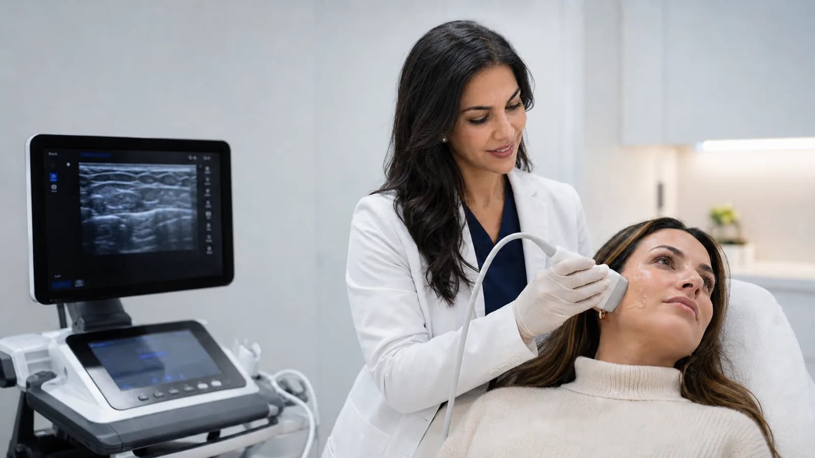 پزشک در حال بررسی گونه بیمار با سونوگرافی فرکانس‌بالا در یک مطب پزشکی روشن