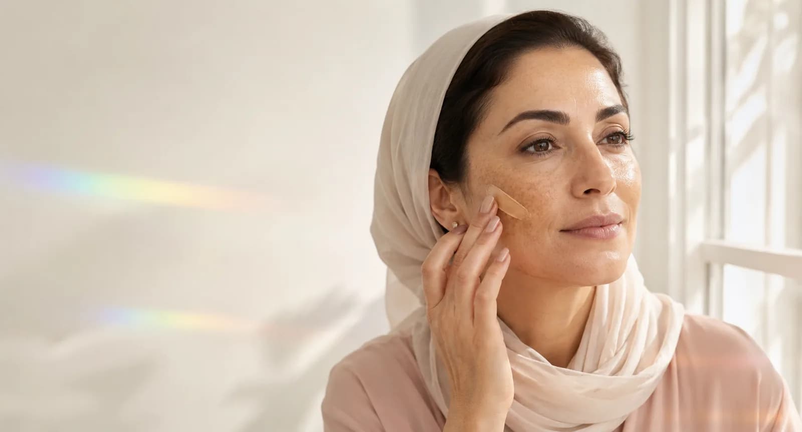 بانویی با لک‌های طبیعی ملاسما در حال استفاده از ضدآفتاب رنگی کنار پنجره