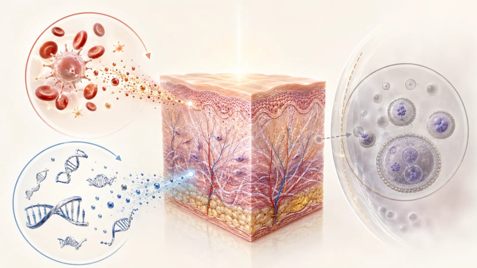 تصویر پزشکی مقایسه پیام‌های پلاکتی، قطعات DNA و وزیکول‌های خارج‌سلولی در کنار مقطع پوست