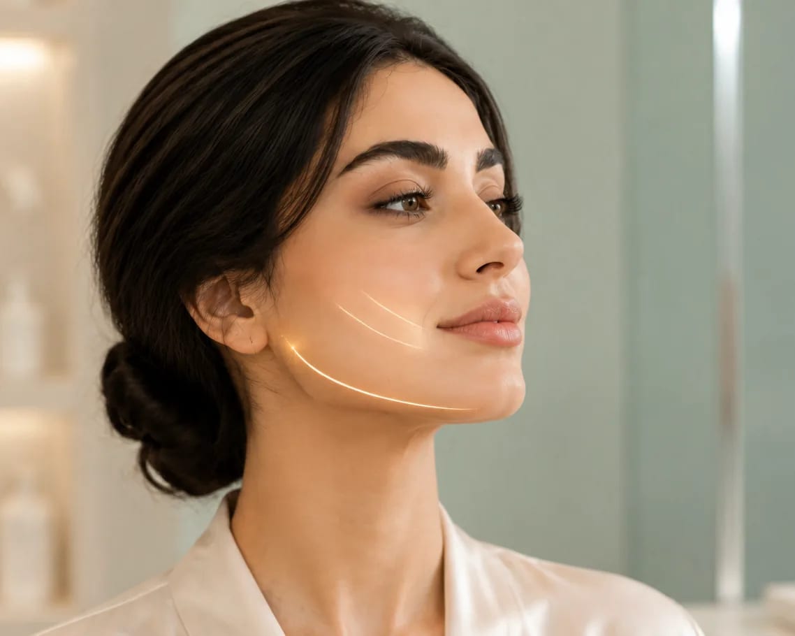 جوانسازی و فرمدهی صورت با خطوط طلایی روی خط فک — مرکز پوست، مو، لیزر و زیبایی دکتر مرجان خلیلی در تهران