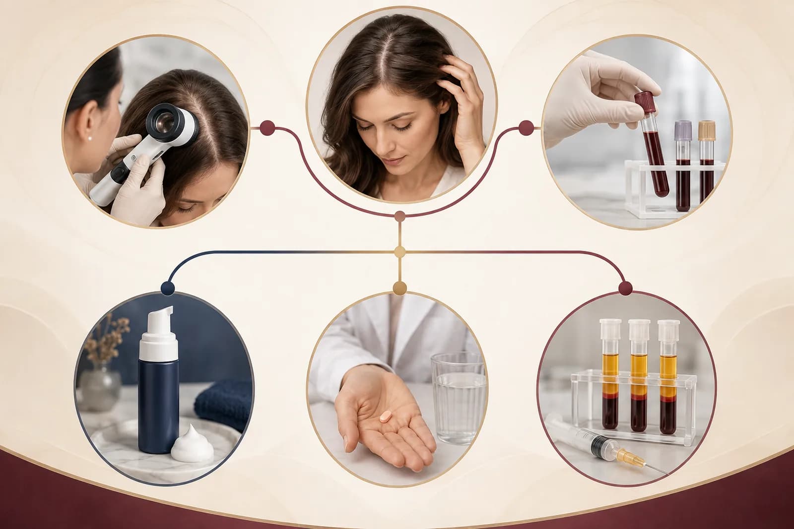 مسیر تشخیص و درمان ریزش موی زنان شامل معاینه، آزمایش هدفمند، ماینوکسیدیل و PRP