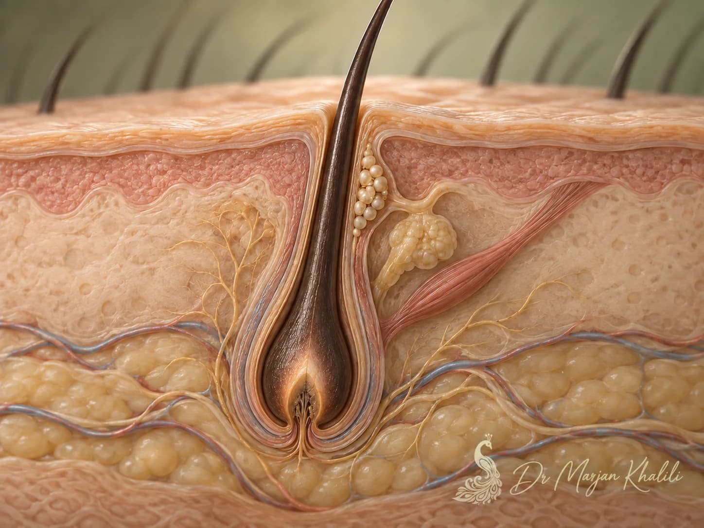 Conceptual close-up of a hair follicle beneath the scalp, with the hair shaft emerging through the skin.