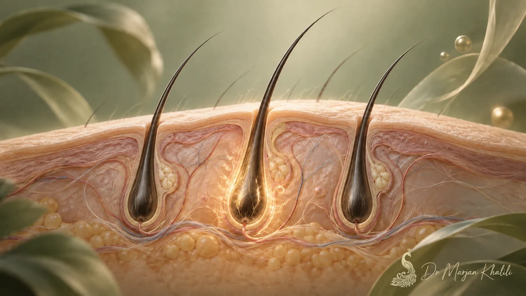 Conceptual scalp cross-section with three hair follicles and a warm glow around the central follicle.